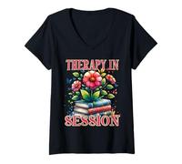 Womens Therapy in Session Floral Book Lovers V-Neck T-Shirt