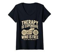 Womens Therapy is Expensive Wind is Free for Dad Funny Motorcycle V-Neck T-Shirt