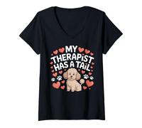 Womens Therapy Poodle My Therapist Has a Tail Cute Brown Doodle Dog V-Neck T-Shirt