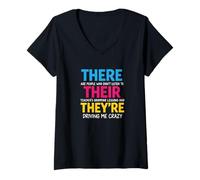 Womens There Their They're Funny Back To School Teachers Grammar V-Neck T-Shirt