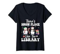 Womens Theres Snow Place Like The Library Funny Librarian Christmas V-Neck T-Shirt
