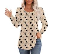 Womens Thermal T Shirt Blouse 2025 Valentines Tops Womens Love Heart Print Shirt Spring Long Sleeve Round Neck Pleated Tops Blouses Cute Outfits Base Layer Tee for Workout Daily Life Xmas (Khaki, M)