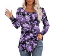 Womens Thermal T Shirt Blouse 2025 Valentines Tops Womens Love Heart Print Shirt Spring Long Sleeve Round Neck Pleated Tops Blouses Cute Outfits Base Layer Tee for Workout Daily Life Xmas (Purple, L)