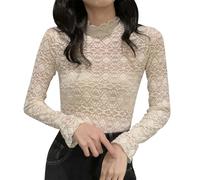 Women's Thermal Underwear Mock Neck Lace Top Long Sleeve Base Layer Warm Winter T-Shirt Soft Comfortable Stretchy Breathable (Beige, M)