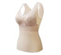Women's Thermal Underwear Tops, V Neck Fleece Lined Thermal Vest, 2-in-1 Built-in Bra Camisole Base Layer, Sleeveless Cami Lined Warm Base Tops, Seamless Warm Winter Basic Tank Top for Women Nude