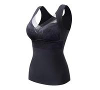 Women's Thermal Underwear Tops, V Neck Fleece Lined Thermal Vest, 2-in-1 Built-in Bra Camisole Base Layer, Sleeveless Cami Lined Warm Base Tops, Seamless Warm Winter Basic Tank Top for Women Black