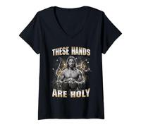 Womens These Hands are Holy Funny Jesus Boxer Boxing Meme Bootleg V-Neck T-Shirt