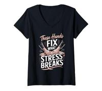 Women's These Hands Fix What Stress Breaks Massage Therapist V-Neck T-Shirt