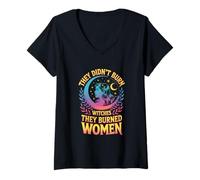 Womens They Didn't Burn Witches They Burned Women Moon Stars V-Neck T-Shirt