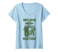 Women's They were Here First Retro Alien UFO Cryptid Bigfoot V-Neck T-Shirt