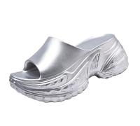 Women's Thick Bottom One Word Drag Summer Heightening Wear Anti Slip Sliver Slippers EVA Breathable Solid Color New Sandals Open Toe Walking Shoes (Silver, 5)