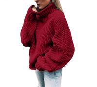 Women's Thick Chunky Knitted Warm Hooded Pullover Long Sleeve Cardigan Sweater Festive Tunic with Sequins, red, XL