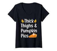 Womens Thick Thighs and Pumpkin Pies Thanksgiving Humor Pie Lover V-Neck T-Shirt