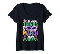 Women's Thick Thighs Mardi Gras Vibes New Orleans Party Graphic V-Neck T-Shirt