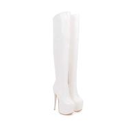 Womens Thigh High 15.5CM Stiletto Heel Dancer Boots with Zipper Patent Leather Platform Club Party Shoes,White,15 UK