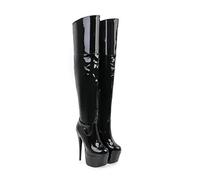 Womens Thigh High 15.5CM Stiletto Heel Dancer Boots with Zipper Patent Leather Platform Club Party Shoes,Black,6 UK