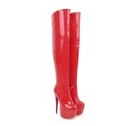 Womens Thigh High 15.5CM Stiletto Heel Dancer Boots with Zipper Patent Leather Platform Club Party Shoes,Red,14 UK