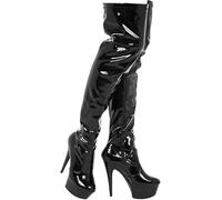 Womens Thigh HIGH Kinky Fetish Stiletto Heel Boots Over The Knee Platform Heeled Boots For Ladies With Full Side Zipper Closure Patent Black 8