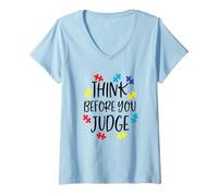 Womens Think Before You Judge Autism Awareness Jigsaw Puzzle Pieces V-Neck T-Shirt