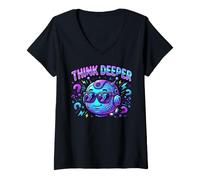 Women's Think Deeper Cute Robot Retro Vector Graphic V-Neck T-Shirt