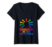 Womens Thinking in Ten Directions | Neurodivergent Brain Rainbow V-Neck T-Shirt