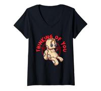 Womens Thinking of You Voodoo Doll with Red Halloween Funny Horror V-Neck T-Shirt