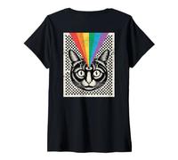 Womens Third Eye Cat Rainbow Rays Trippy Optical (Art Back) V-Neck T-Shirt