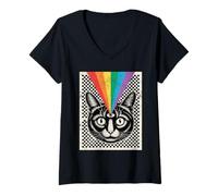 Womens Third Eye Cat Rainbow Rays Trippy Optical V-Neck T-Shirt