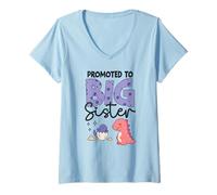 Womens Third Pregnancy Announcement Promoted to Big Sister Dinosaur V-Neck T-Shirt