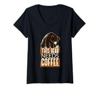 Womens This Bear Needs Coffee - Funny Coffee V-Neck T-Shirt