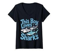 Womens This Boy Loves Sharks Kids Ocean Animal Enthusiast Apparel V-Neck T-Shirt