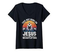 Womens This Boy Runs On Jesus and Weightlifting Gym V-Neck T-Shirt
