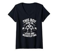 Womens This Boy Runs On Jesus and Weightlifting V-Neck T-Shirt