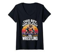 Womens This Boy Runs On Jesus and Wrestling V-Neck T-Shirt