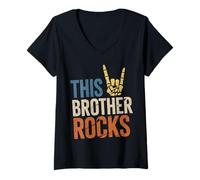 Women's This Brother Rocks Siblings Day Rock Music Skeleton V-Neck T-Shirt