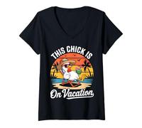 Women's This Chick is On Vacation Funny Chicken Beach Retro V-Neck T-Shirt