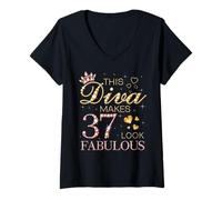 Womens This Diva Makes 37 Look Fabulous 37th Birthday Queen B-day V-Neck T-Shirt