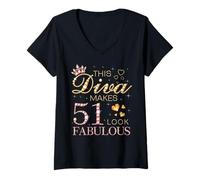 Womens This Diva Makes 51 Look Fabulous 51st Birthday Queen B-day V-Neck T-Shirt