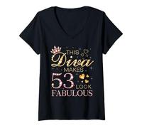 Womens This Diva Makes 53 Look Fabulous 53rd Birthday Queen B-day V-Neck T-Shirt