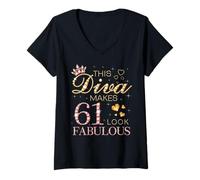 Womens This Diva Makes 61 Look Fabulous 61st Birthday Queen B-day V-Neck T-Shirt