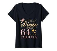 Womens This Diva Makes 64 Look Fabulous 64th Birthday Queen B-day V-Neck T-Shirt