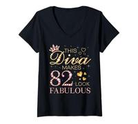 Womens This Diva Makes 82 Look Fabulous 82nd Birthday Queen B-day V-Neck T-Shirt