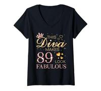 Womens This Diva Makes 89 Look Fabulous 89th Birthday Queen B-day V-Neck T-Shirt