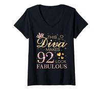 Womens This Diva Makes 92 Look Fabulous 92nd Birthday Queen B-day V-Neck T-Shirt