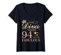 Womens This Diva Makes 94 Look Fabulous 94th Birthday Queen B-day V-Neck T-Shirt