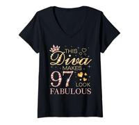 Womens This Diva Makes 97 Look Fabulous 97th Birthday Queen B-day V-Neck T-Shirt