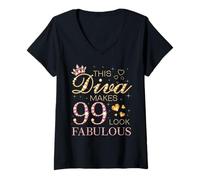 Womens This Diva Makes 99 Look Fabulous 99th Birthday Queen B-day V-Neck T-Shirt