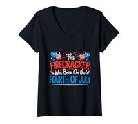 Womens This Firecracker Was Born On The 4th Of July Firework B-day V-Neck T-Shirt