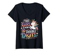 Women's This Girl is Now 10 Double Digits Magical Unicorn Birthday V-Neck T-Shirt