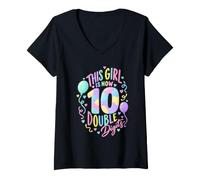 Women's This Girl is Now 10 Double Digits Pastel Birthday Balloons V-Neck T-Shirt